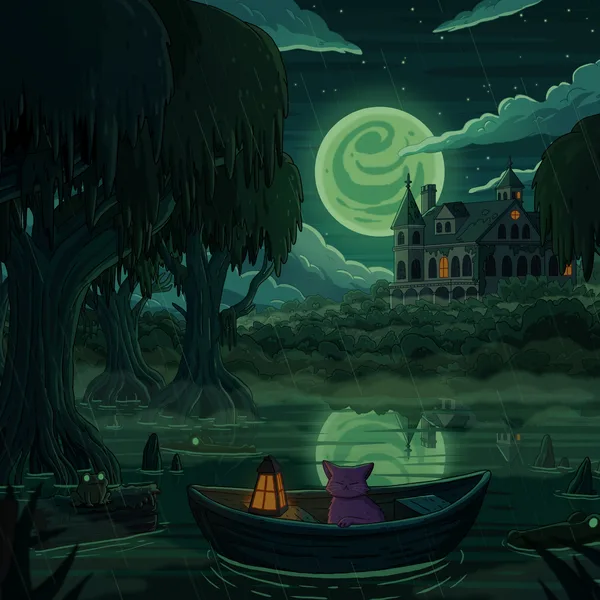 A purple cat in a rowboat with a glowing lantern on a rainy bayou, mossy cypress trees, a swirly green moon and a manor with orange windows