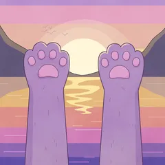 Two purple cat paws raised toward a golden sunset over the sea, under a pastel pink sky